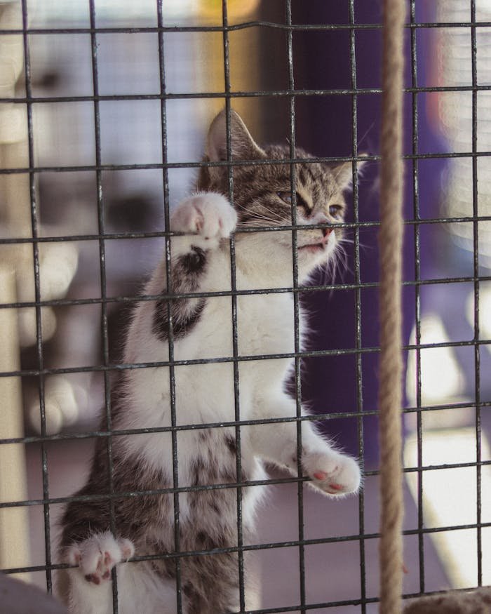 hero-services Cute tabby kitten climbing on cage in pet shelter, seeking adoption.